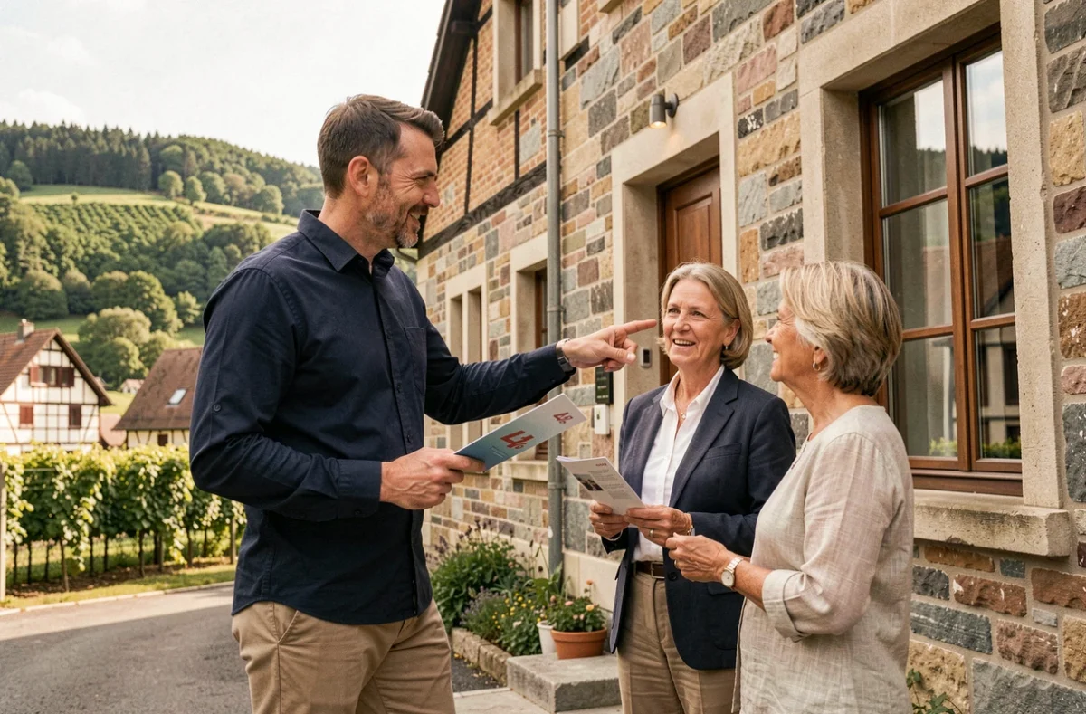 Agent de 4% Immobilier à Guebwiller tenant une brochure devant une propriété en pierre alsacienne avec les collines viticoles en arrière-plan