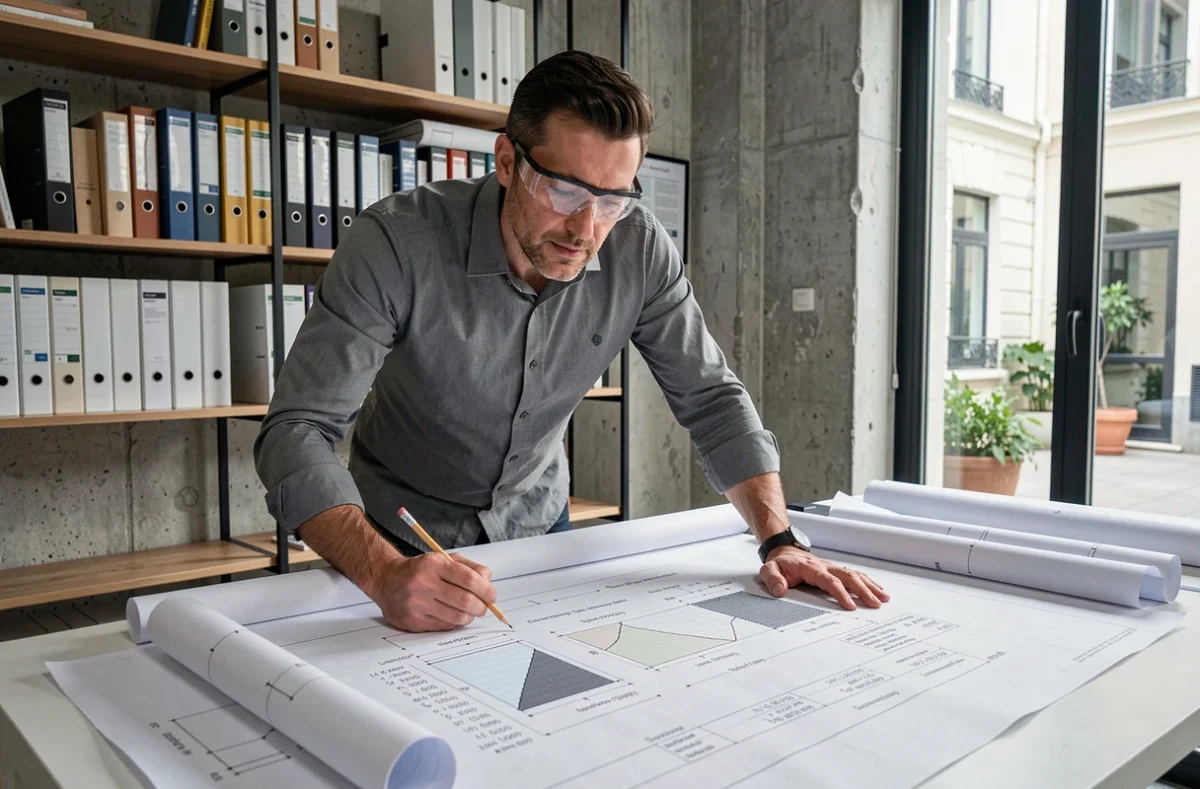 Ingénieur du bureau d'études 9DES analysant des plans techniques de rénovation sur une table à dessin à Lyon
