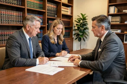 Couple en réunion avec un avocat immobilier pour tenter un accord amiable avant une procédure d'annulation de vente pour tromperie