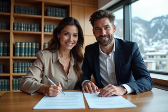 Couple signant des documents pour un achat immobilier en Andorre dans un bureau notarial moderne