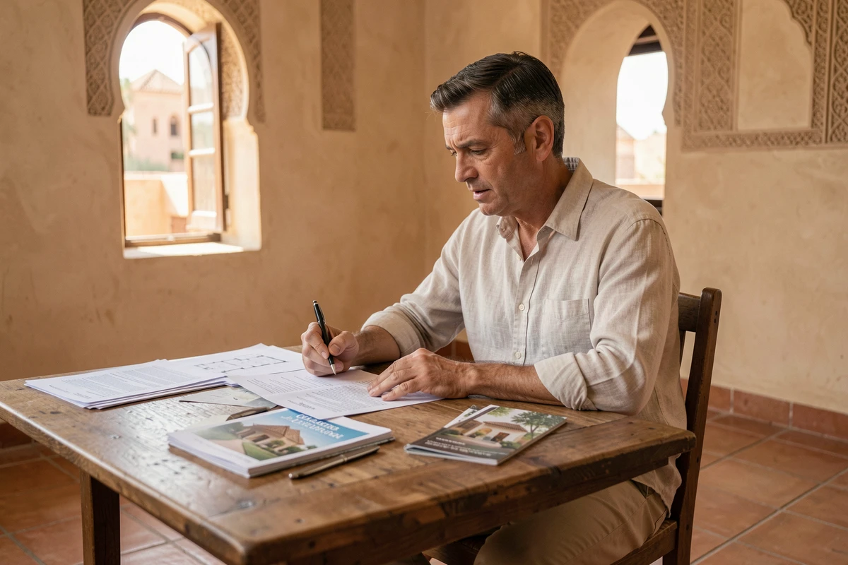 Acheteur étranger examinant des documents immobiliers dans un appartement de Marrakech