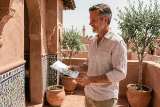 Acheteur étranger visitant la terrasse d'un riad à vendre à Marrakech avec vue sur la médina