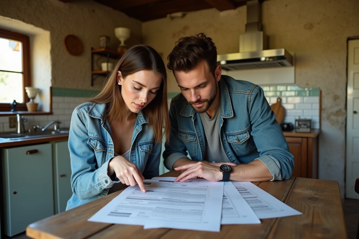 Couple d'acheteurs étudiant les diagnostics obligatoires d'une maison ancienne à rénover avant achat