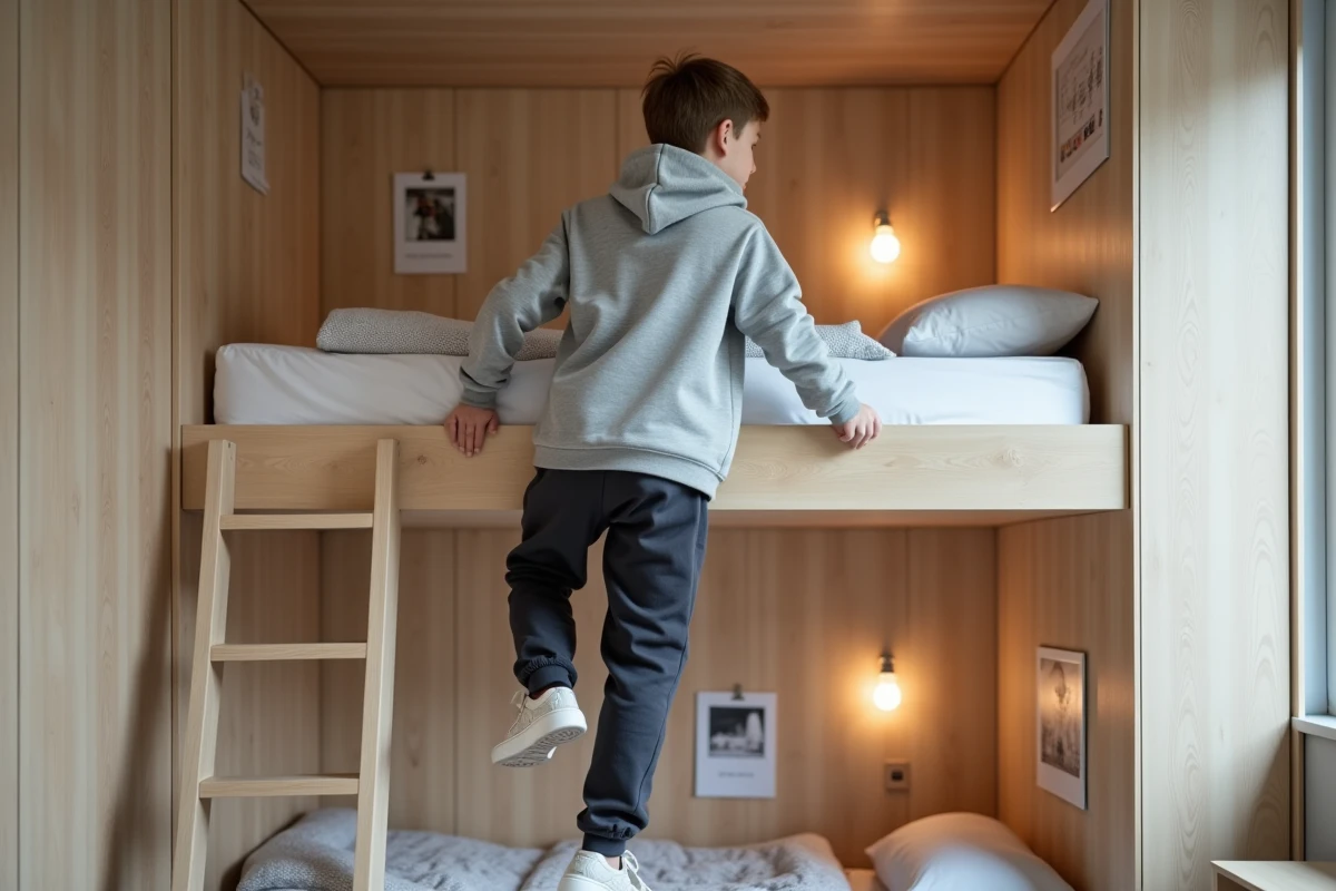 Adolescent grimpe dans un lit mezzanine dans une petite chambre