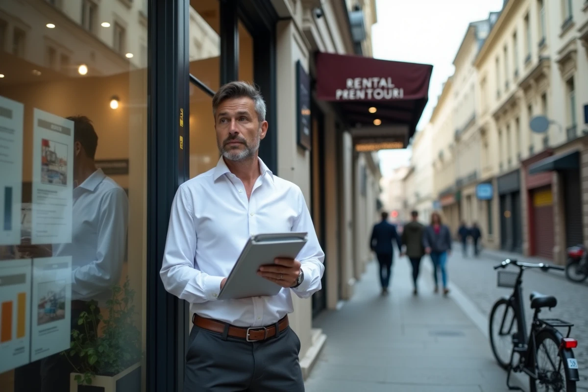 Homme devant une agence immobilière consultant une annonce locative affichée en vitrine