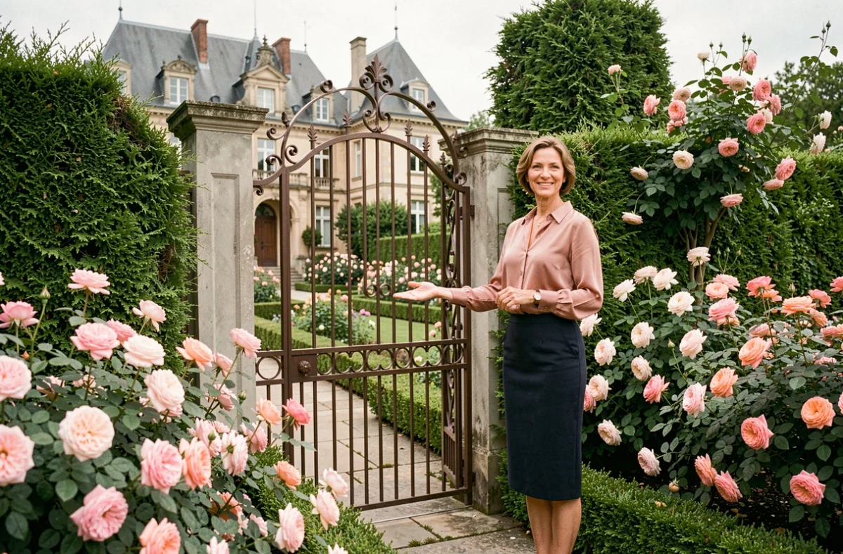 Agente de l'Agence La Roseraie devant un portail en fer forgé d'une propriété avec un jardin de roses en fleur et un manoir alsacien en arrière-plan