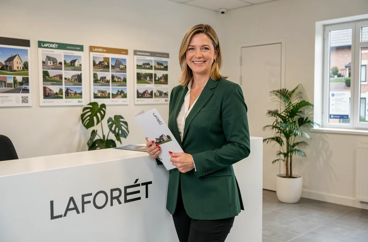 Agente de l'Agence Laforêt à Colmar en veste verte appuyée sur le bureau de réception avec la signalétique de l'agence en arrière-plan