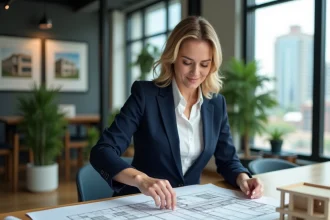 Agent immobilière analysant des plans de construction d'un projet immobilier résidentiel dans un bureau moderne