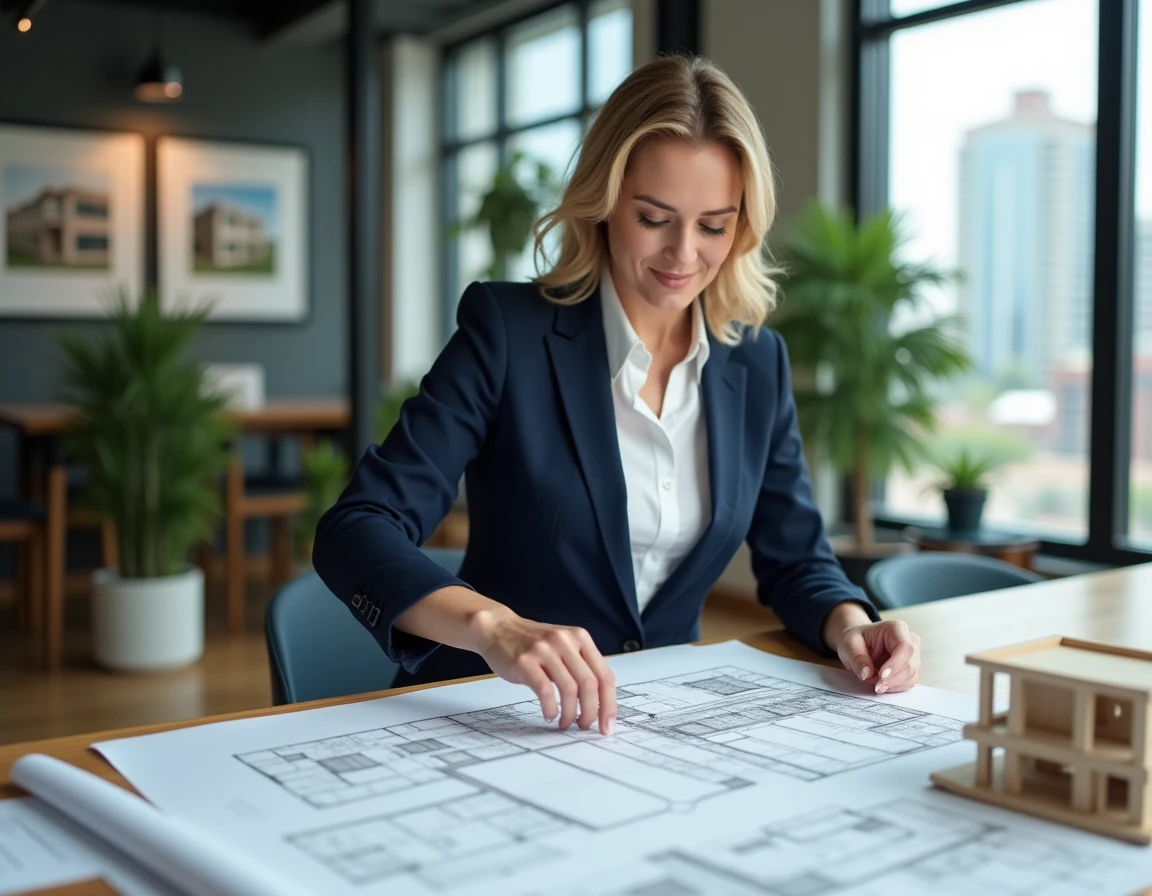 Agent immobilière analysant des plans de construction d'un projet immobilier résidentiel dans un bureau moderne