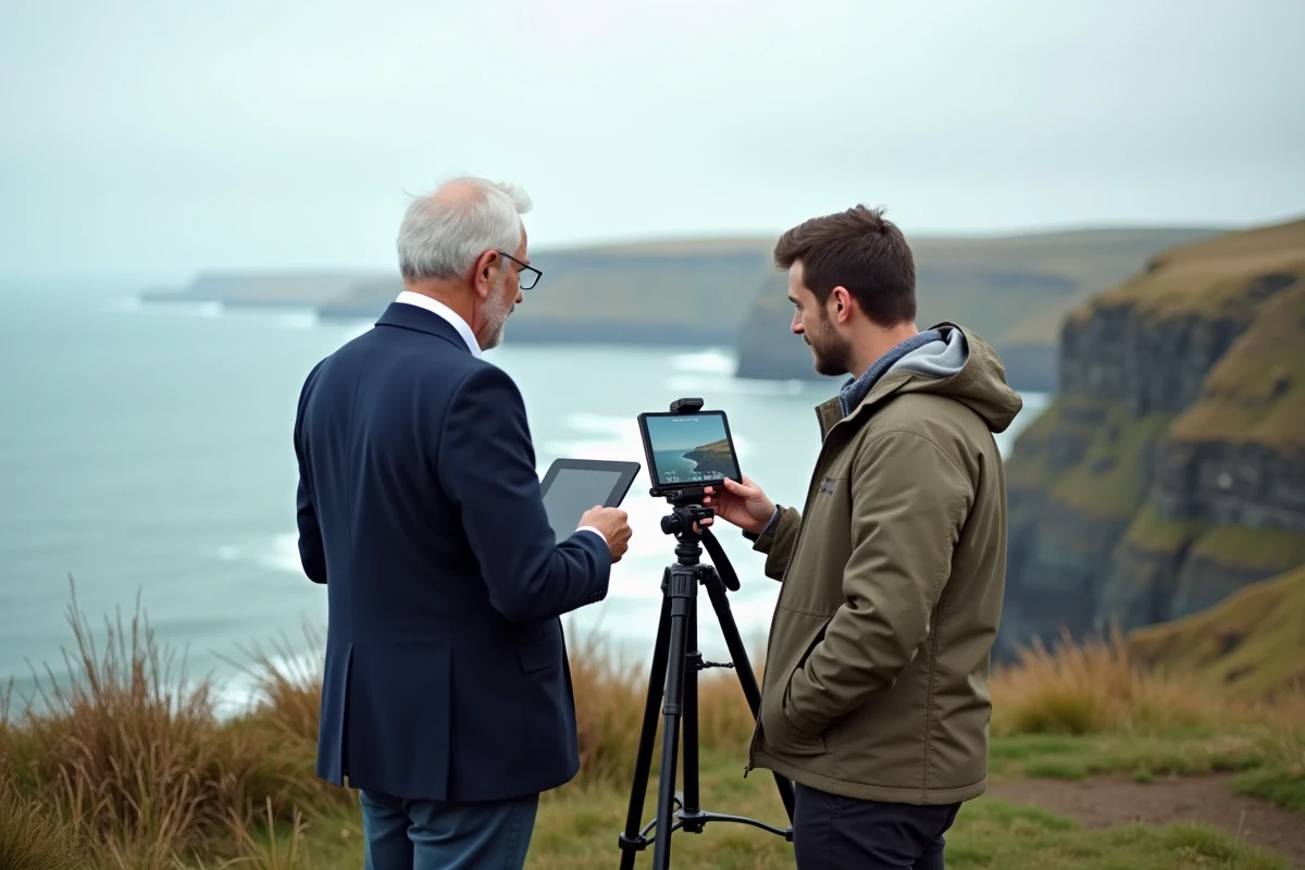 Agent immobilier et acheteur analysant les angles de vue mer avec des outils de mesure sur un site côtier