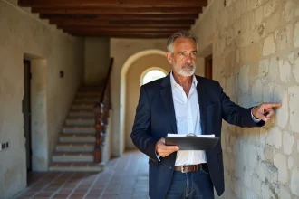Agent immobilier inspectant les travaux à prévoir dans une maison ancienne en pierre lors d'une vente