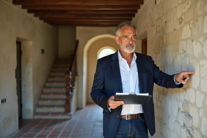 Agent immobilier inspectant les travaux à prévoir dans une maison ancienne en pierre lors d'une vente