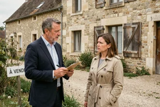 Agent immobilier et propriétaire devant une maison à vendre dans l'Oise avec panneau de vente