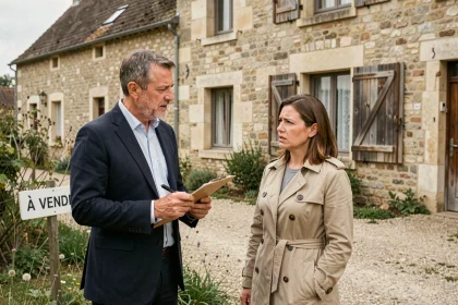 Agent immobilier et propriétaire devant une maison à vendre dans l'Oise avec panneau de vente
