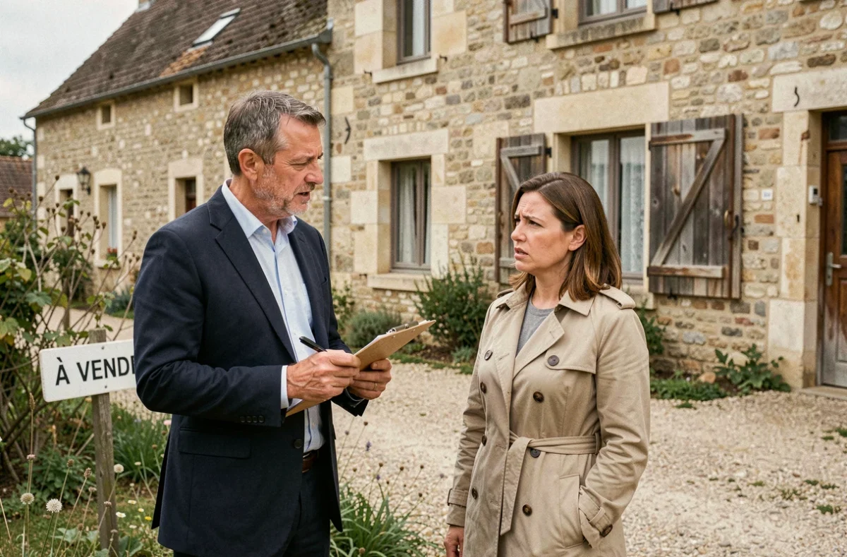 Agent immobilier et propriétaire devant une maison à vendre dans l'Oise avec panneau de vente