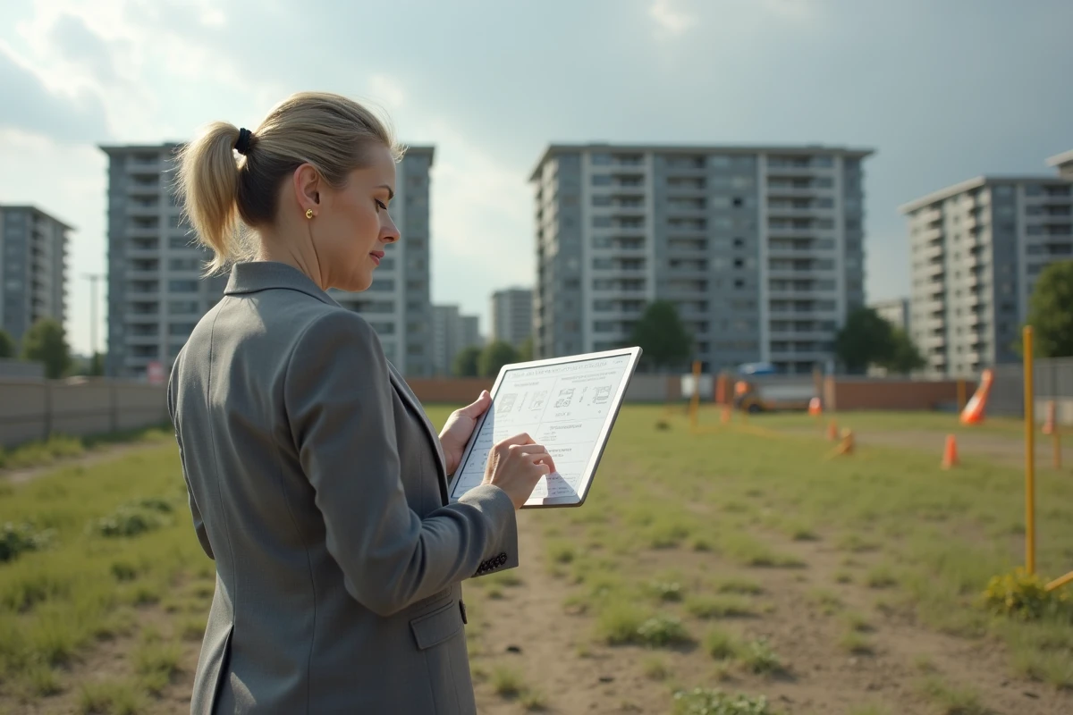Agent immobilier sur un terrain vacant avec tablette en main