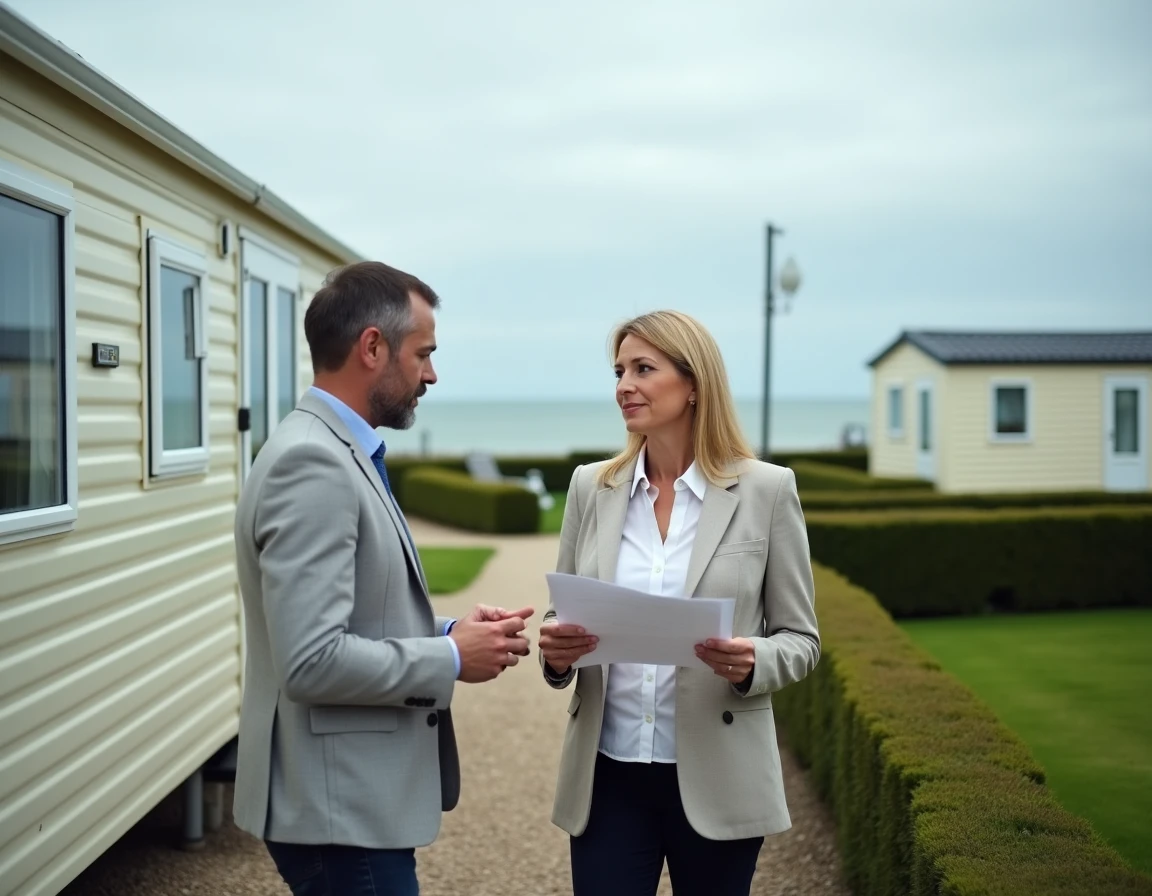 Agent immobilier présentant un mobil-home occasion à un acheteur potentiel dans un camping ouvert à l'année