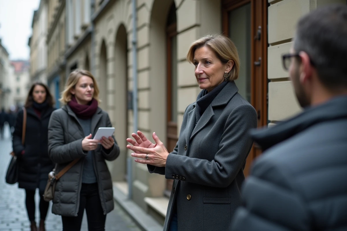 Agente immobilière expliquant l'estimation du loyer à des propriétaires devant un immeuble en pierre de la Croix-Rousse à Lyon