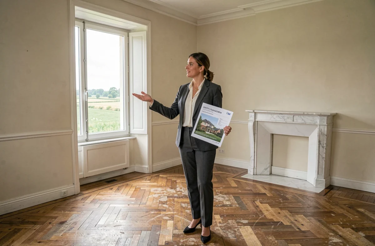 Agente immobilière évaluant une maison vide à vendre en urgence dans le département de l'Oise
