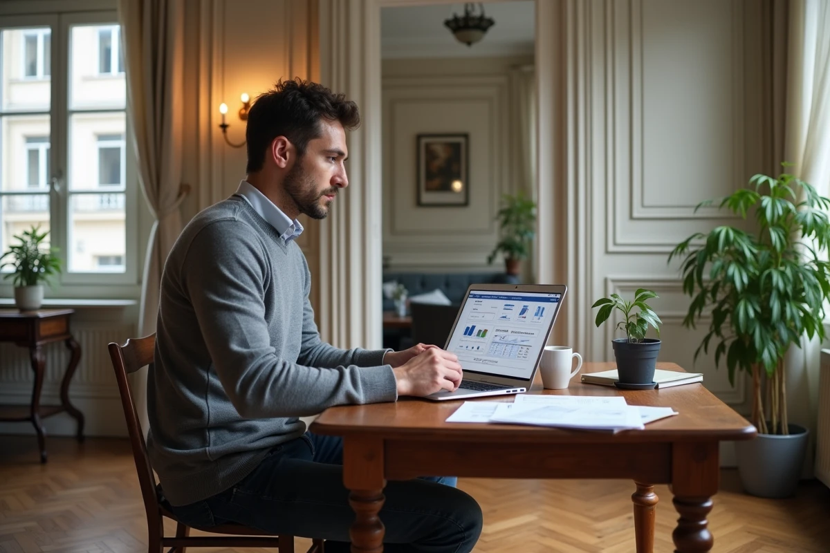 Propriétaire lyonnais analysant des documents d'estimation locative dans un appartement haussmannien avec parquet en point de Hongrie