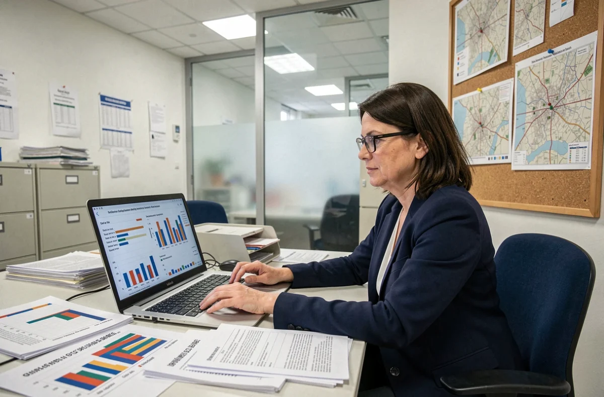 Femme analyste consultant des statistiques de délinquance dans un bureau municipal français