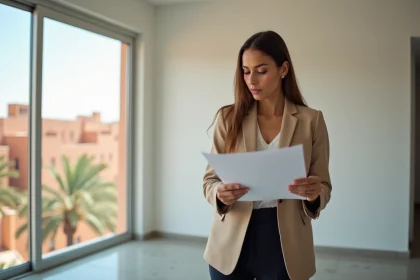 Femme consultant des documents immobiliers dans un appartement vide à Guéliz, Marrakech