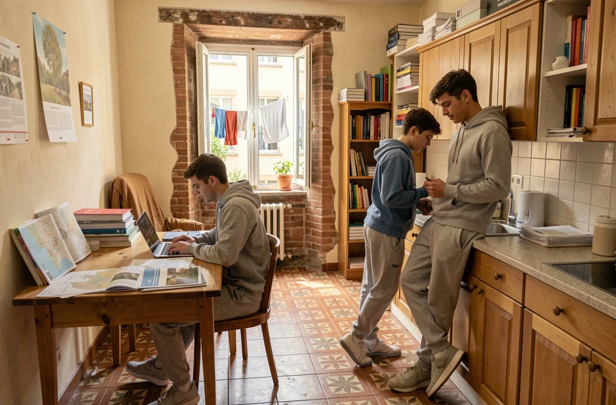 Deux étudiants dans un appartement partagé à Marseille consultant des informations sur les quartiers étudiants