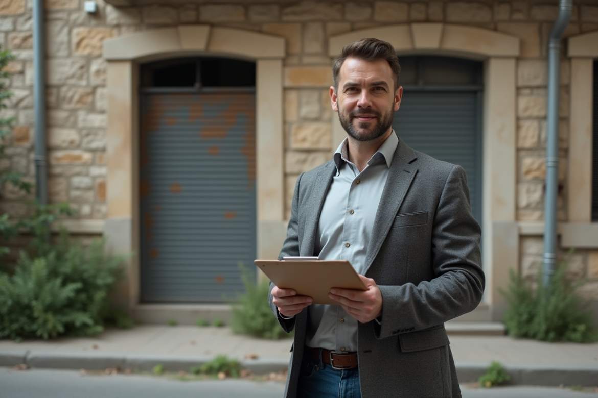 Homme avec clipboard devant immeuble abandonné
