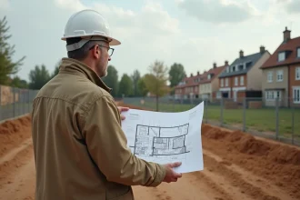 Architecte homme tenant un plan sur un terrain vide