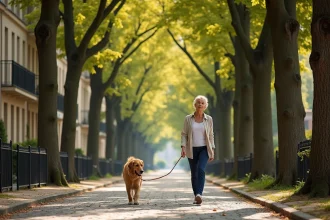 Avenue arborée de Maisons-Laffitte avec résidences en pierre de taille et promeneur avec chien sous les marronniers