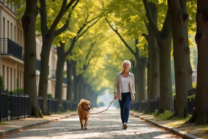 Avenue arborée de Maisons-Laffitte avec résidences en pierre de taille et promeneur avec chien sous les marronniers