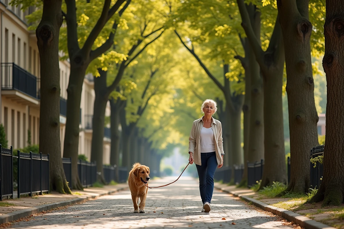 Avenue arborée de Maisons-Laffitte avec résidences en pierre de taille et promeneur avec chien sous les marronniers