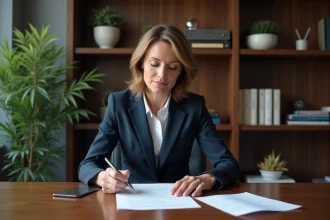 Femme en costume bleu examinant un contrat au bureau