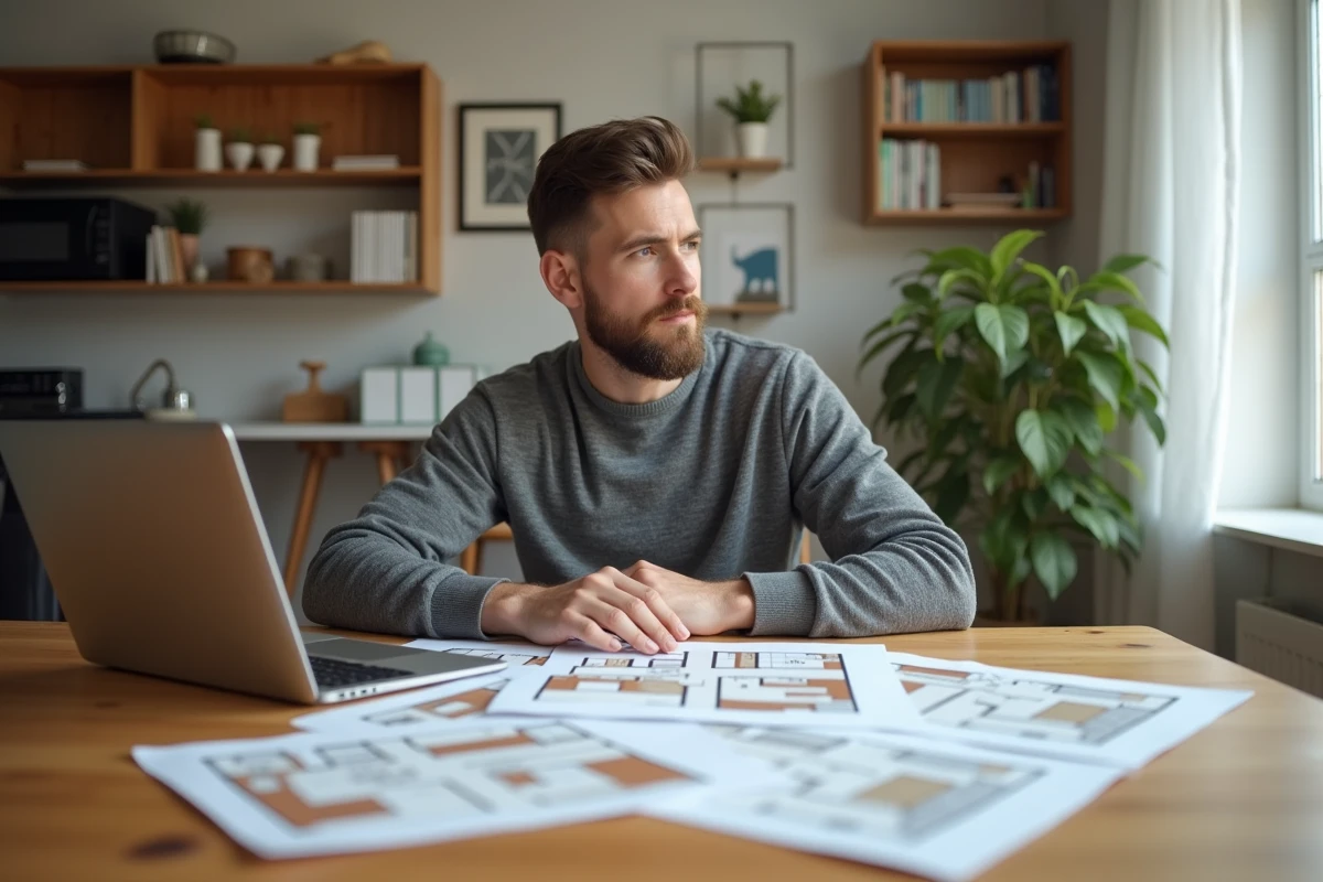 Propriétaire bailleur planifiant l'aménagement mobilier optimal d'un logement meublé à louer