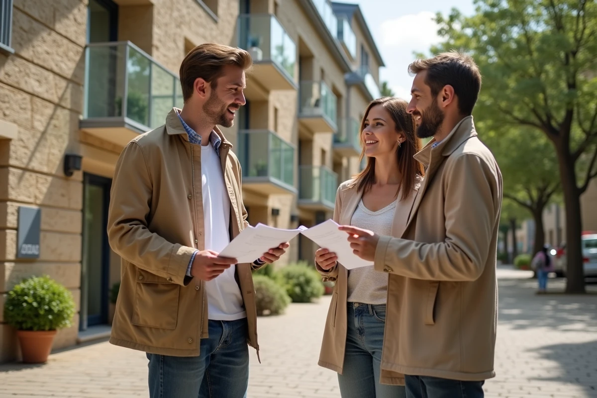 Couple d'acheteurs discutant avec une agente immobilière devant un immeuble rénové à Bergerac, illustrant l'attractivité des quartiers en essor en 2026