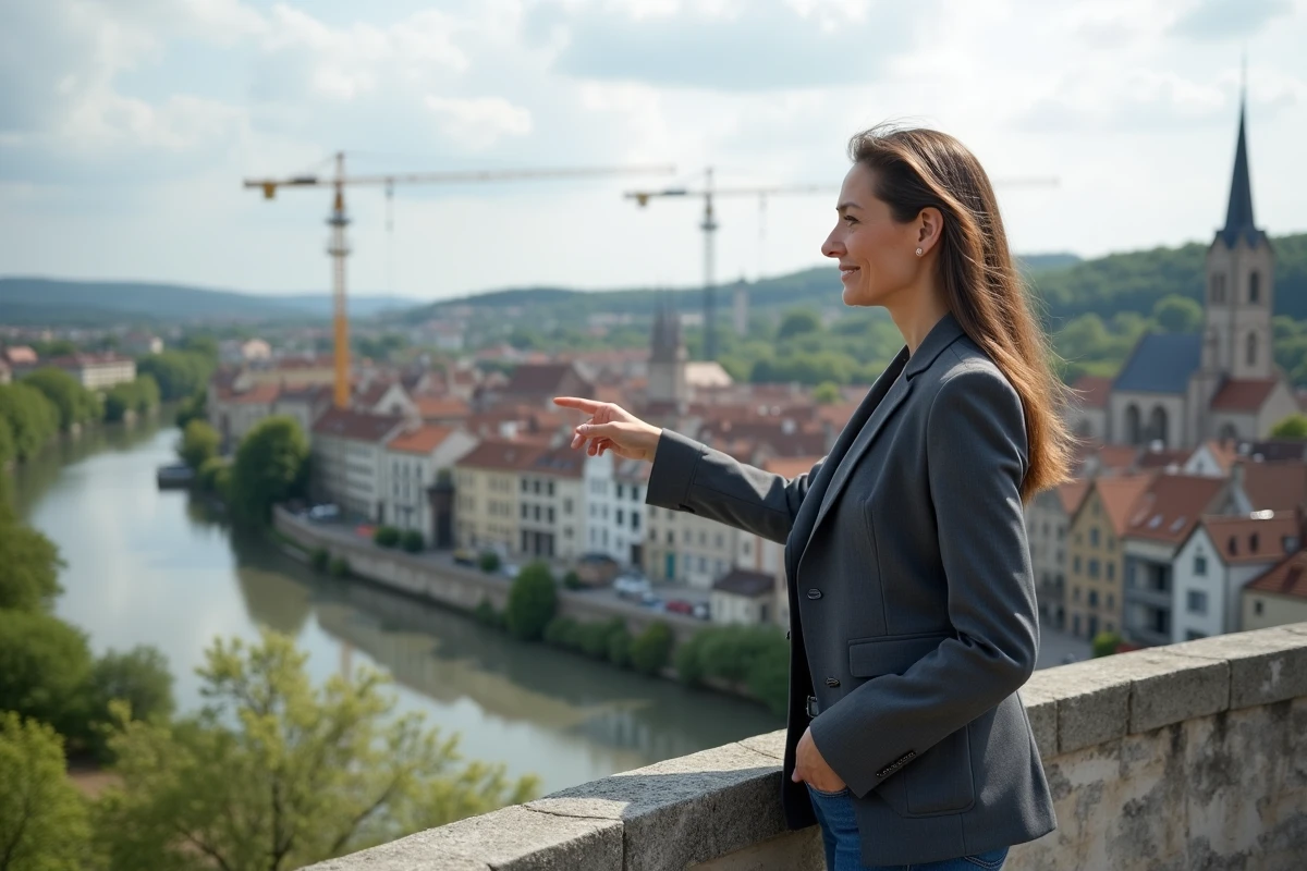Femme urbaniste observant le panorama de Bergerac et les chantiers de construction en bordure de la Dordogne, symbole du potentiel immobilier 2026
