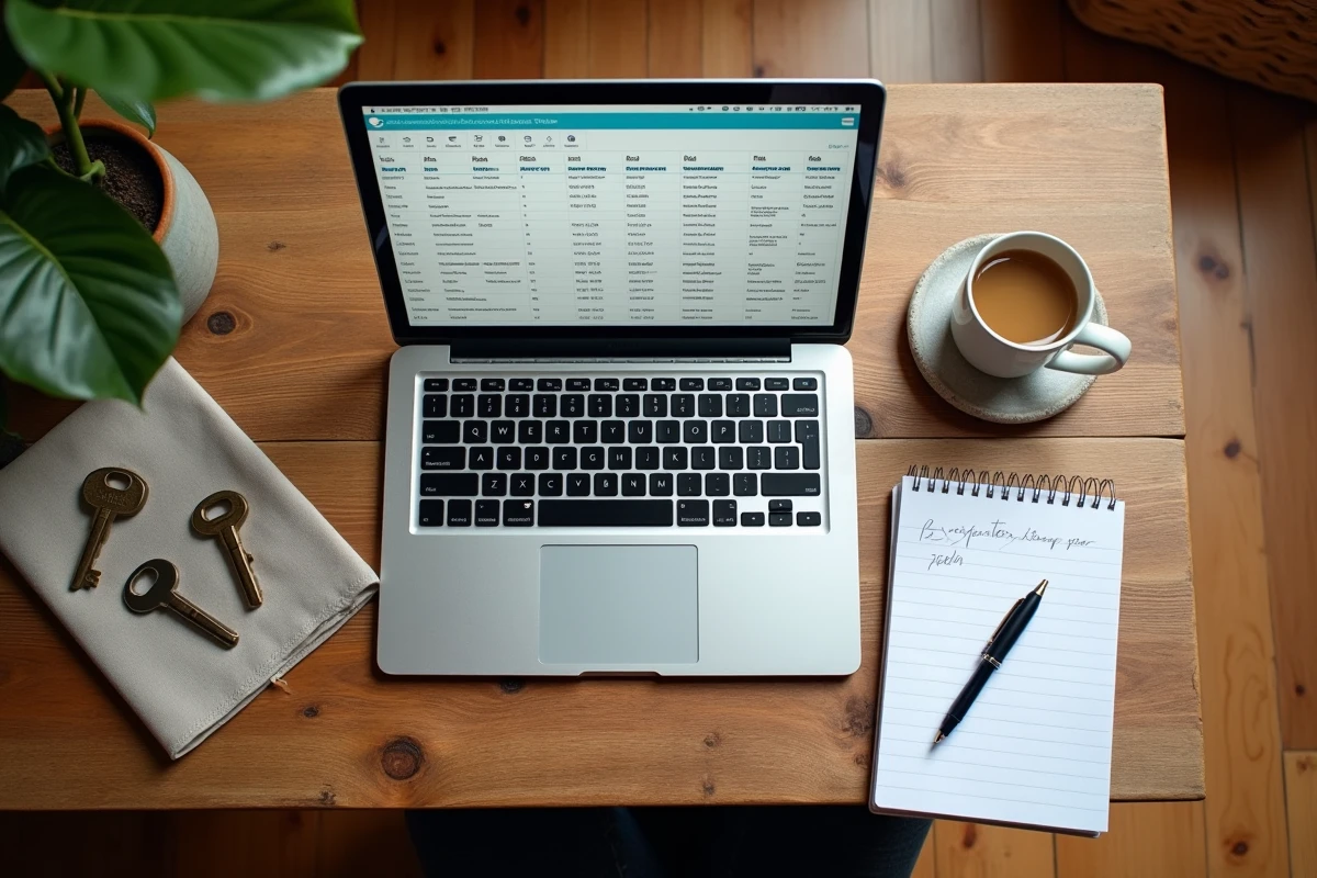 Flat lay d'un bureau de propriétaire de gîte avec logiciel de gestion de location, clés et calendrier de réservation imprimé