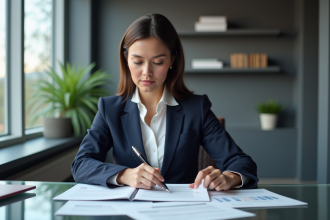 Femme d'affaires analysant des documents financiers dans un bureau moderne