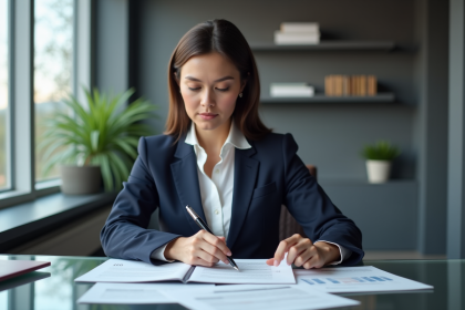 Femme d'affaires analysant des documents financiers dans un bureau moderne