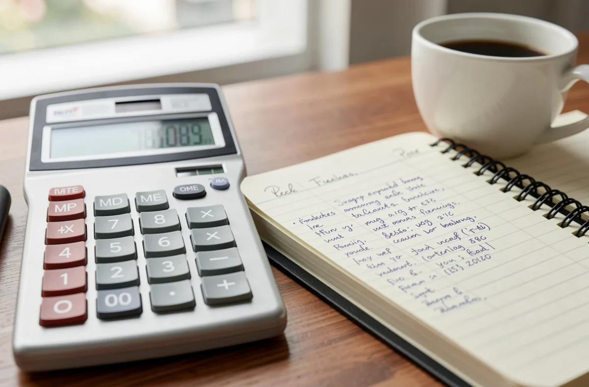 Calculatrice et carnet posés sur un bureau pour comparer des rendements