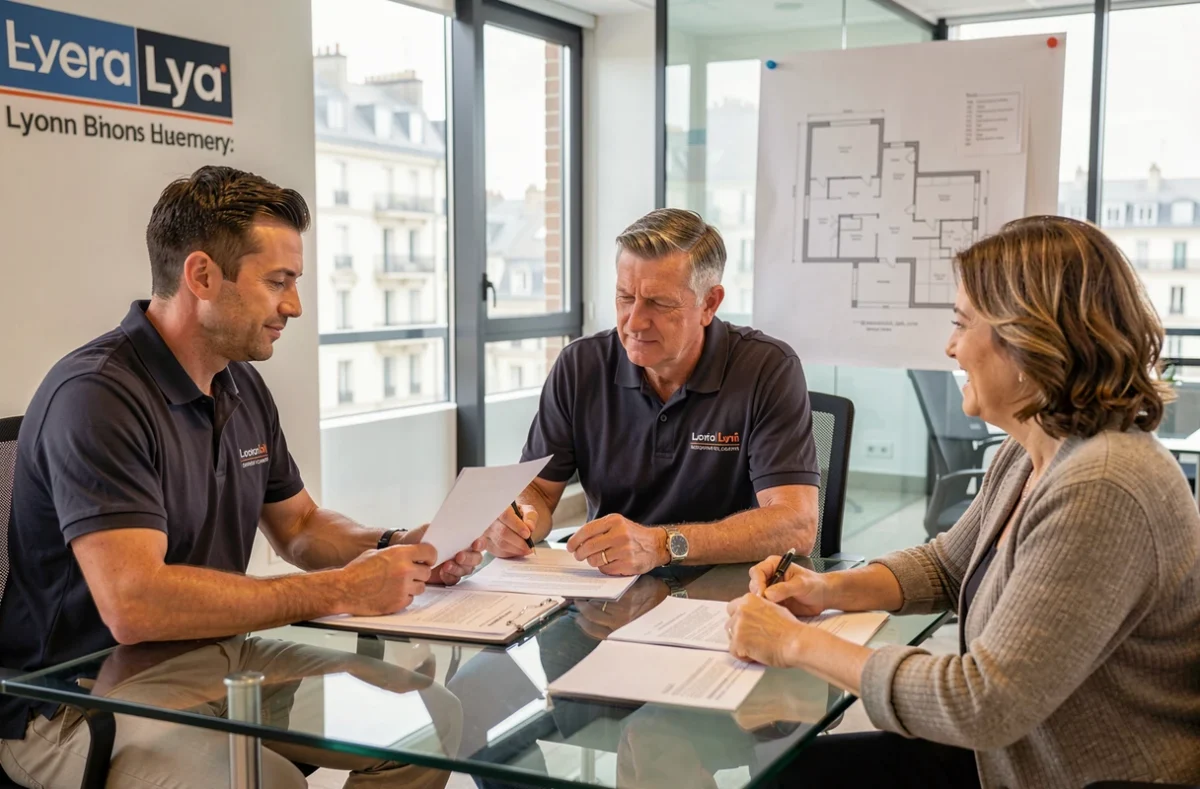 Contractant général Camif Habitat Lyon présentant un contrat de rénovation énergétique à des propriétaires dans son agence