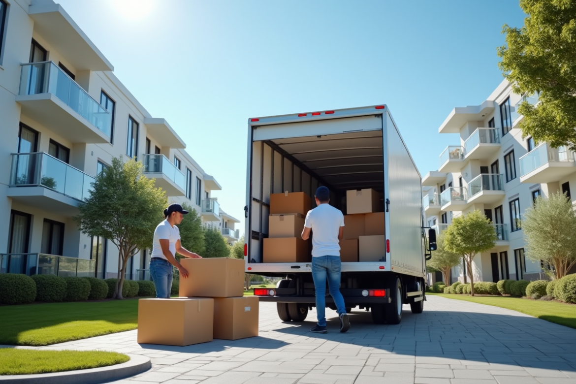 Camion de déménagement moderne devant un immeuble résidentiel
