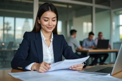 Femme professionnelle en blazer marine consultant des documents dans un espace de co-working moderne pour se démarquer en tant que candidat locataire