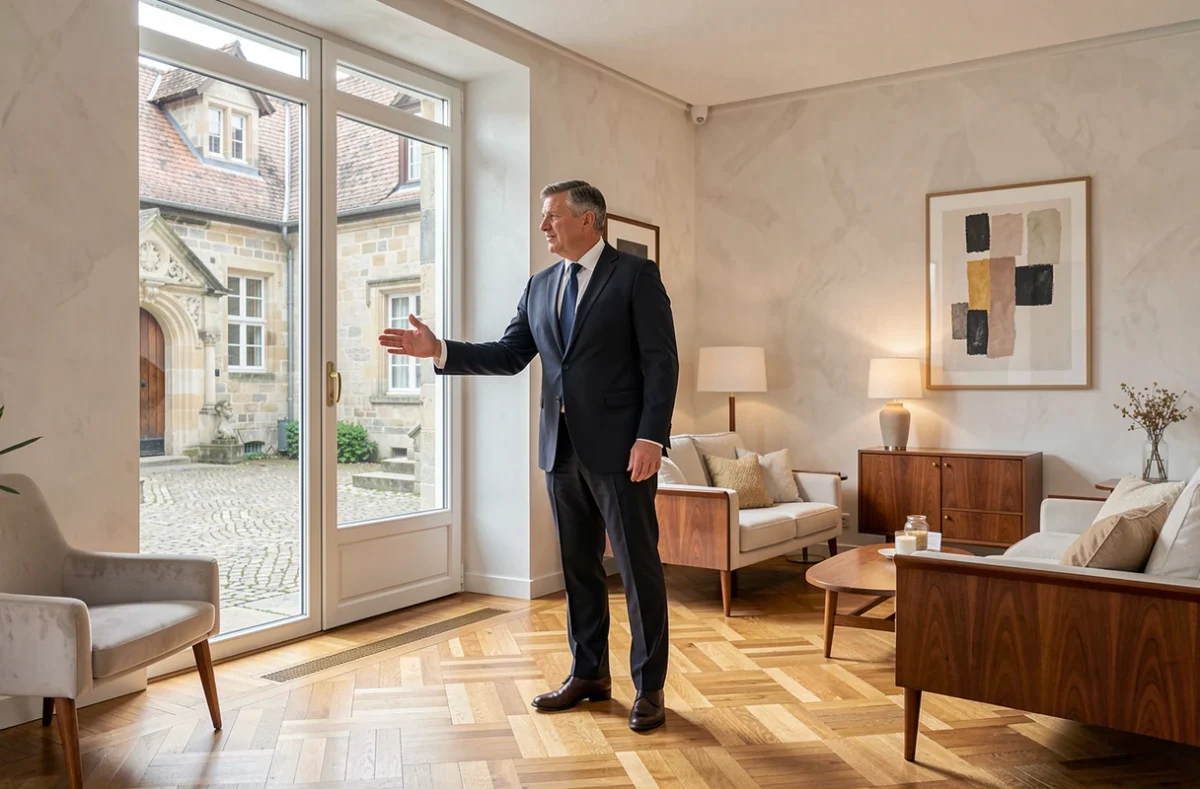 Agent de Colmar Immo en costume sombre présentant un appartement élégant avec vue sur une cour alsacienne historique