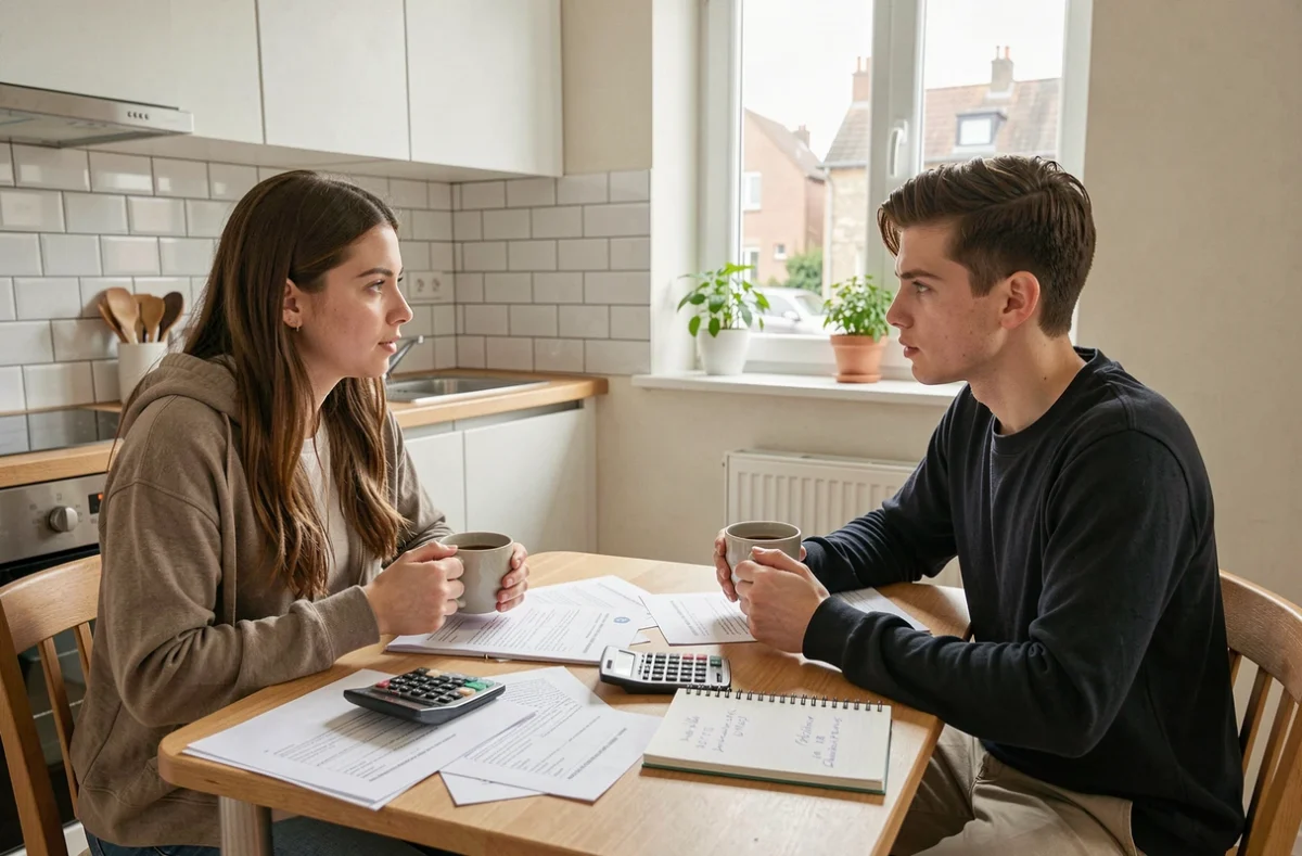 Deux étudiants alternants en colocation discutant du loyer et du budget dans leur appartement partagé