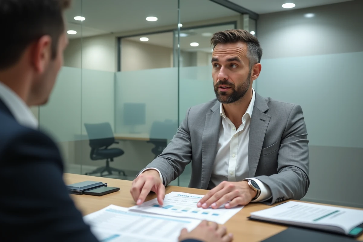 Conseiller bancaire présentant une estimation des frais de notaire à un client lors d'un rendez-vous pour un crédit immobilier