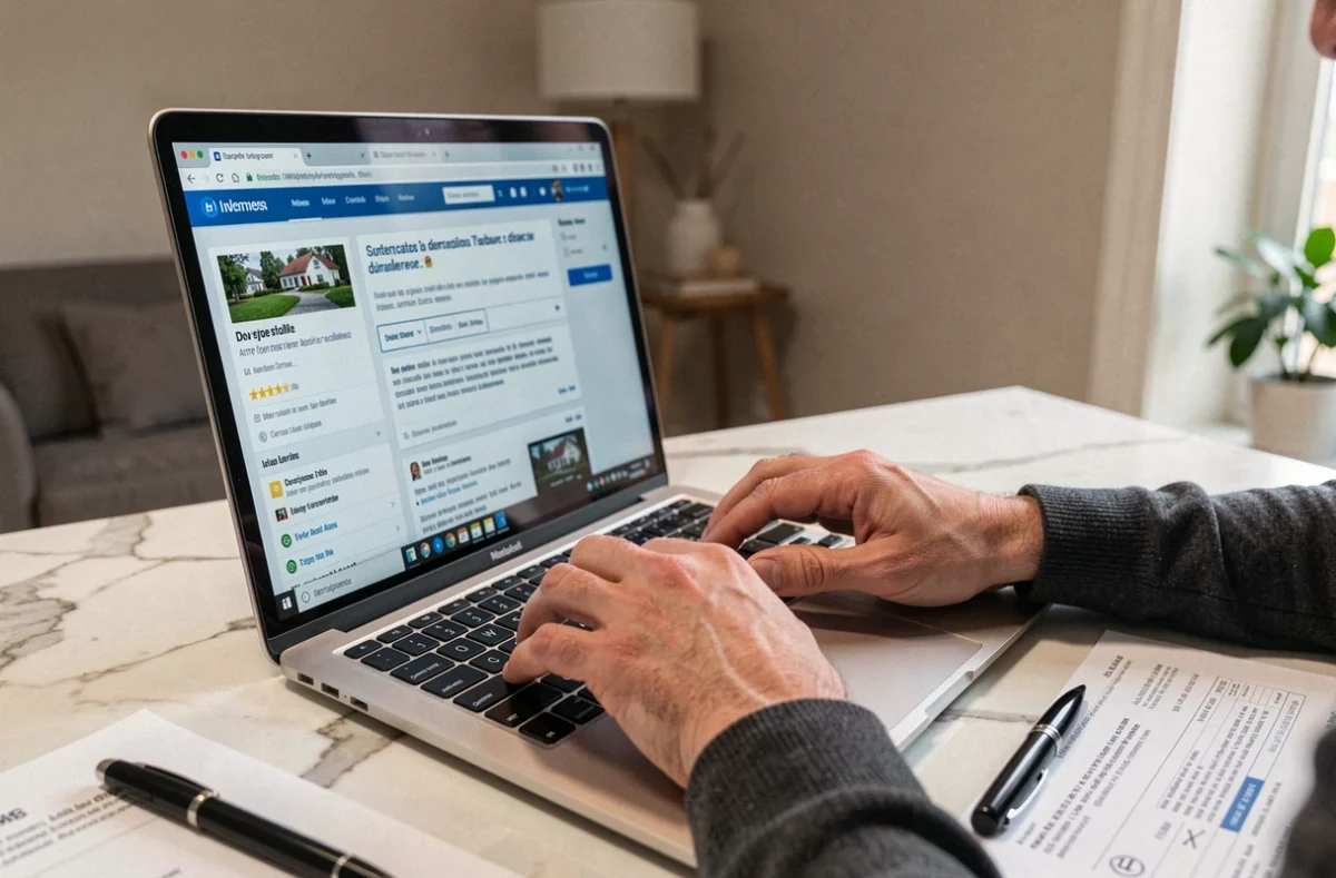 Mains tapant sur un clavier pour consulter des avis négatifs sur Orpi Invest Immo en ligne