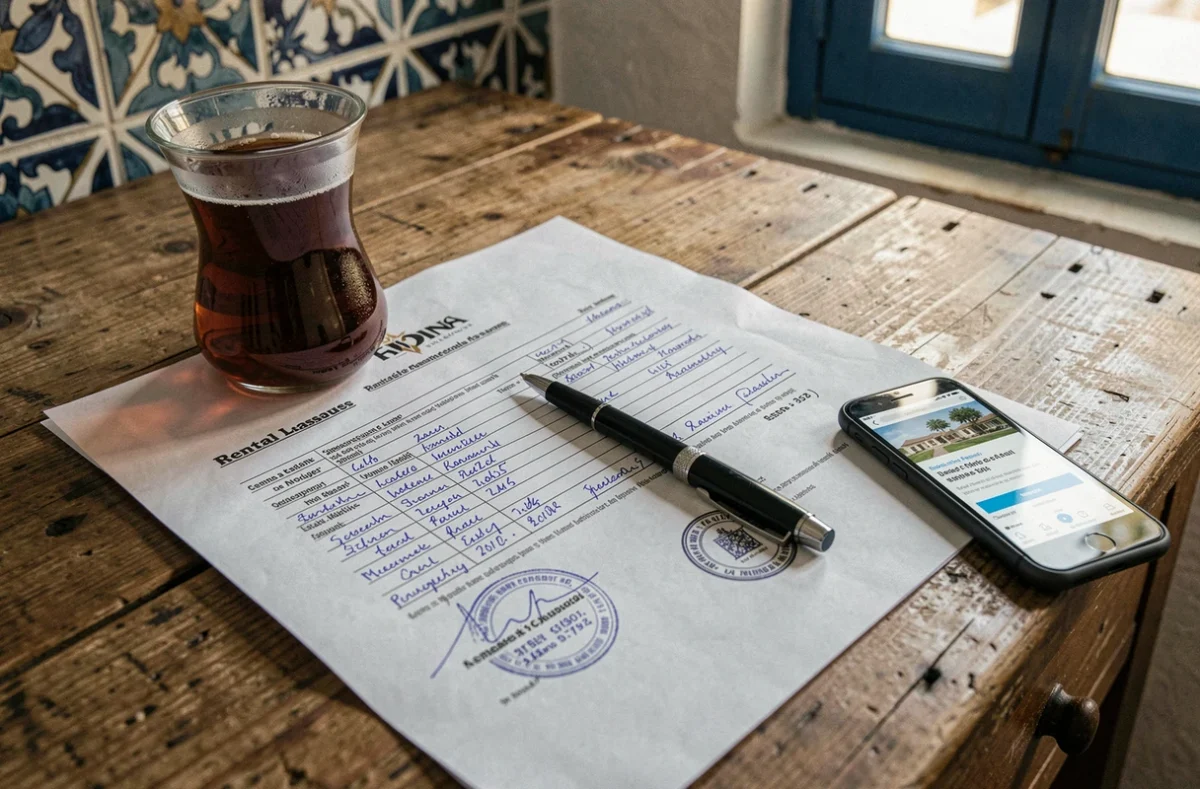 Contrat de bail longue durée avec stylo et téléphone sur un bureau à Essaouira