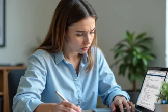 Femme corrigeant une déclaration de loyer CAF sur ordinateur avec des documents administratifs imprimés