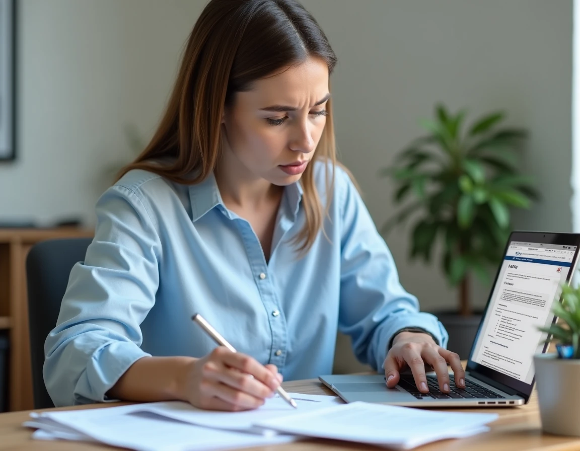 Femme corrigeant une déclaration de loyer CAF sur ordinateur avec des documents administratifs imprimés